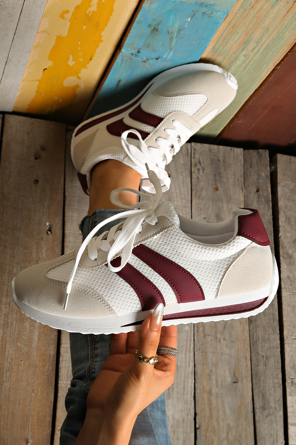 White Patchwork Breathable Lace Up Sneakers